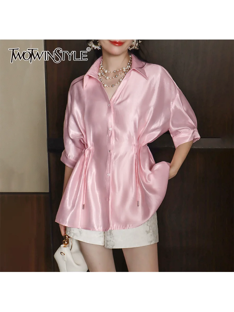 

TWOTWINSTYLE Solid Loose Spliced Single Breasted Casual Shirts for Women Lapel Half Sleeves Patchwork Lace Up Shirt Female New