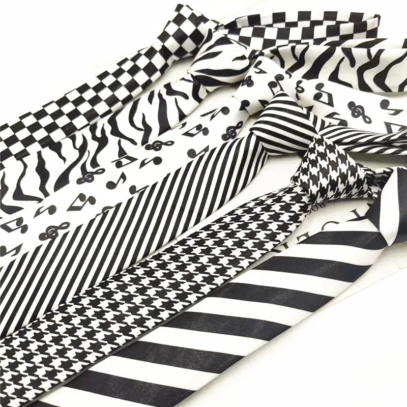 Black and white striped tie, narrow version for girls, casual 5cm handmade trendy earth cool bungee dance