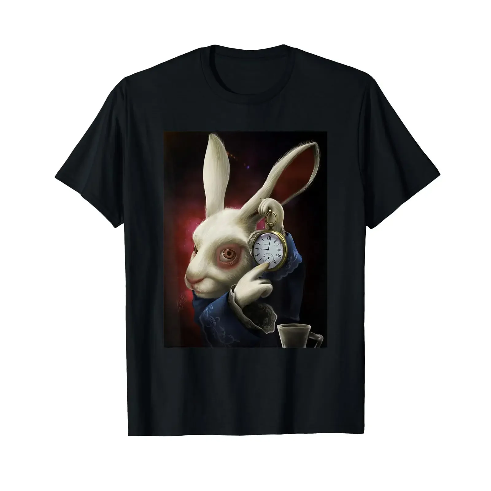 White Rabbit Pointing at Clock Meme T Shirt vintage Washed Stretched Unisex Versatile graphic Casual Breathable Soft