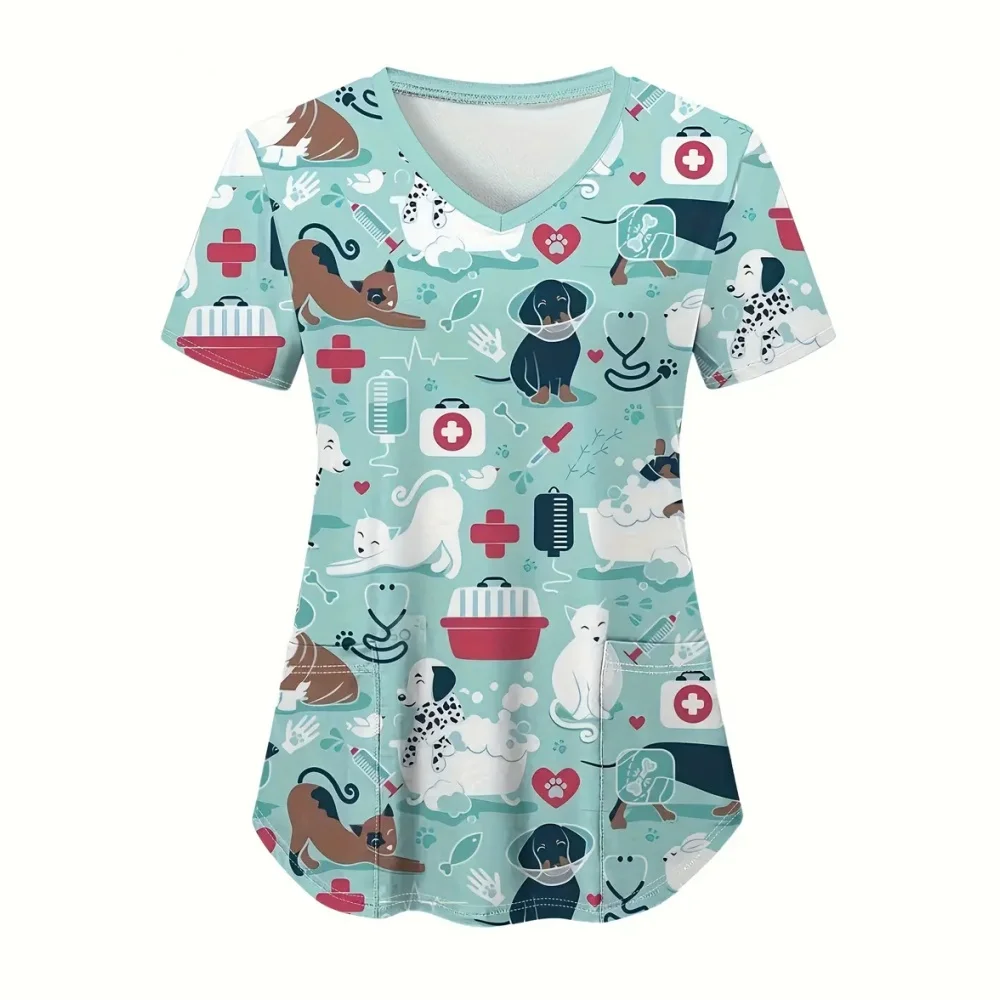 Scrub Medische Vrouw Schattig Dieren Cartoon Patroon Micro-elastisch V-hals Dierenarts Spa Verpleging Korte mouwen Tops Medische uniformen voor dames