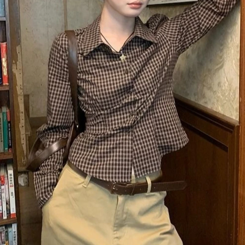 Chemise cintrée à la taille à carreaux, haut à manches longues, Design court, Slim Fit, nouvelle collection automne