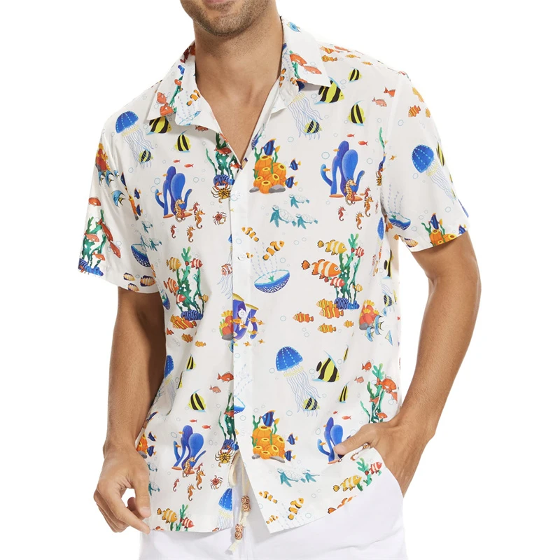 Men\'s shirt printed lapel summer short-sleeved Hawaiian simple new style daily vacation breathable casual and comfortable