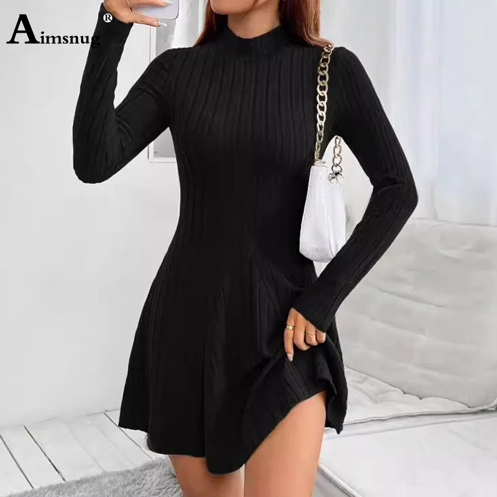 2025 Women Long-sleeved Vintage Fashion Pleated Dress Khaki Black Short Befree Dress Ladies Elegant Mock Neck Mini Dresses New