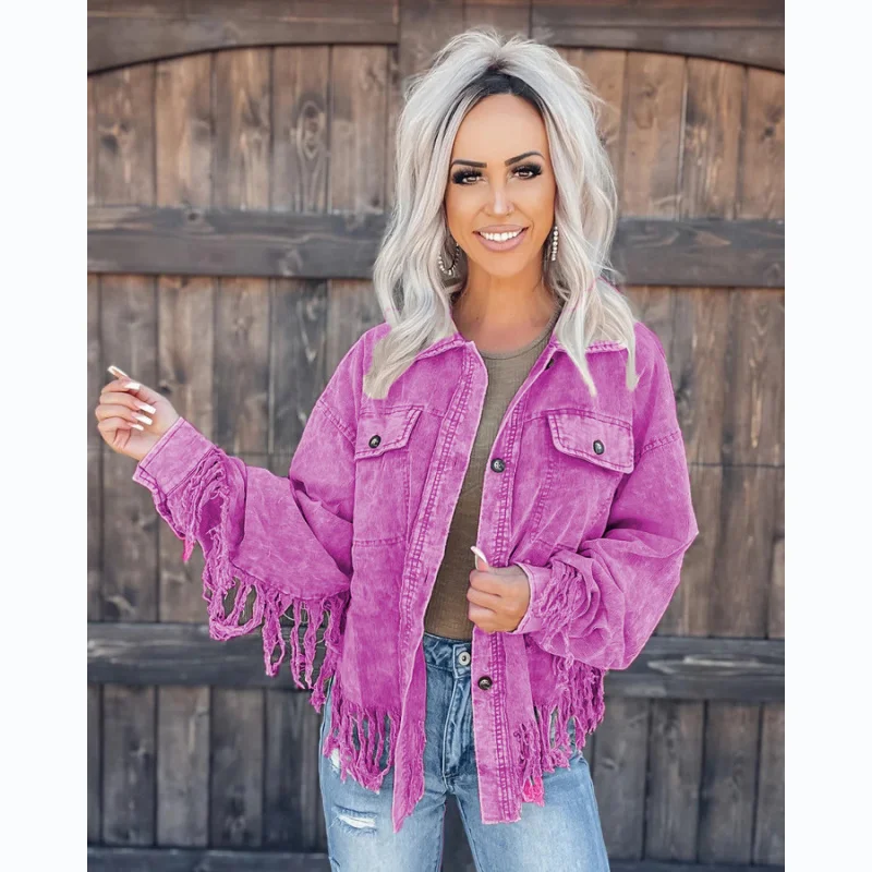 

European American Autumn Winter Corduroy Jacket Casual Street Style Patchwork Tassel Washed Vintage Oversized Coat