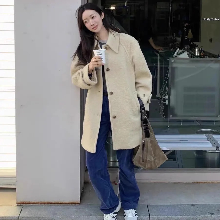 マットピュアカラーフリップカラーシングルボタンウィンターコート東大門スレレディースファイオンアウターウェア春秋