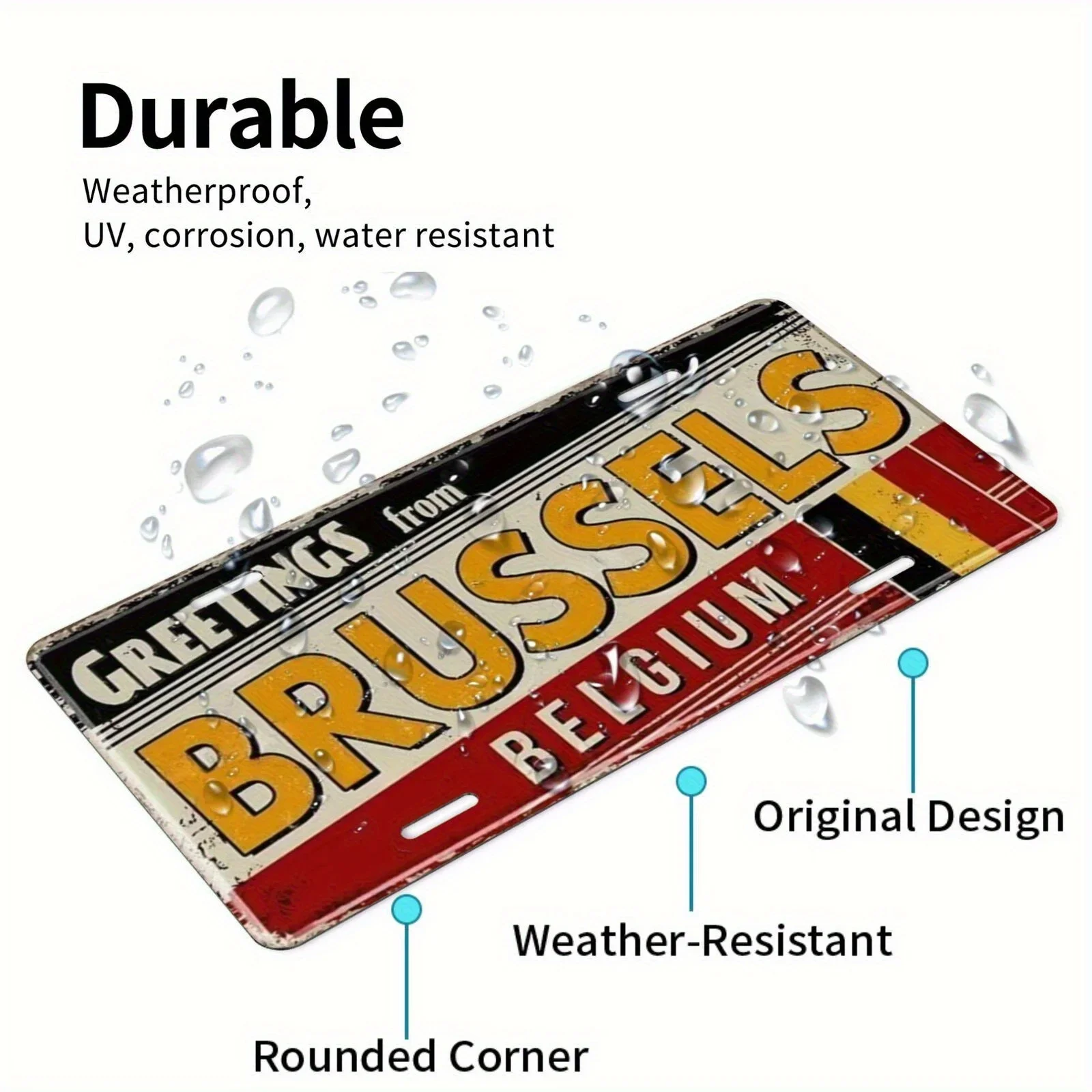 2D Flat, Vintage Brussels, Belgium  Metal Sign - Retro Aluminum Car Decoration with Bold Yellow Letters and Red/Black Stripes