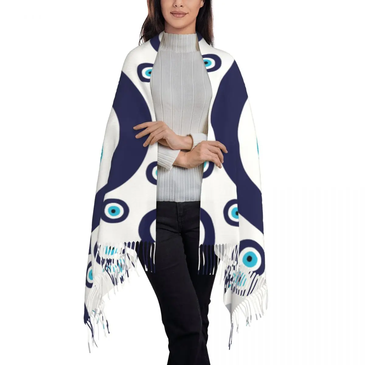 Custom Navy Blue And Aqua Nazar Evil Eye Lucky Charm Pattern Scarf Women Stylish Winter Shawl Wraps Amulet Boho Tassel Wraps