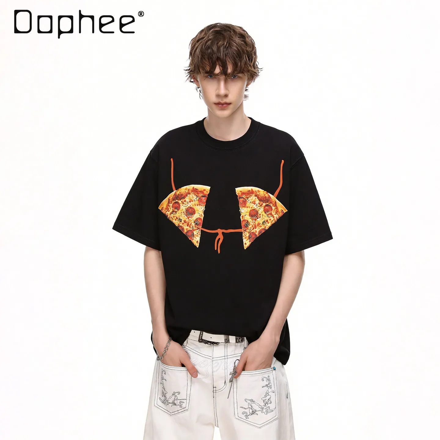 

Summer New American Street Style Men Funny Pizza Print T-Shirt Loose Casual Black White Round Neck Short Sleeve Tee