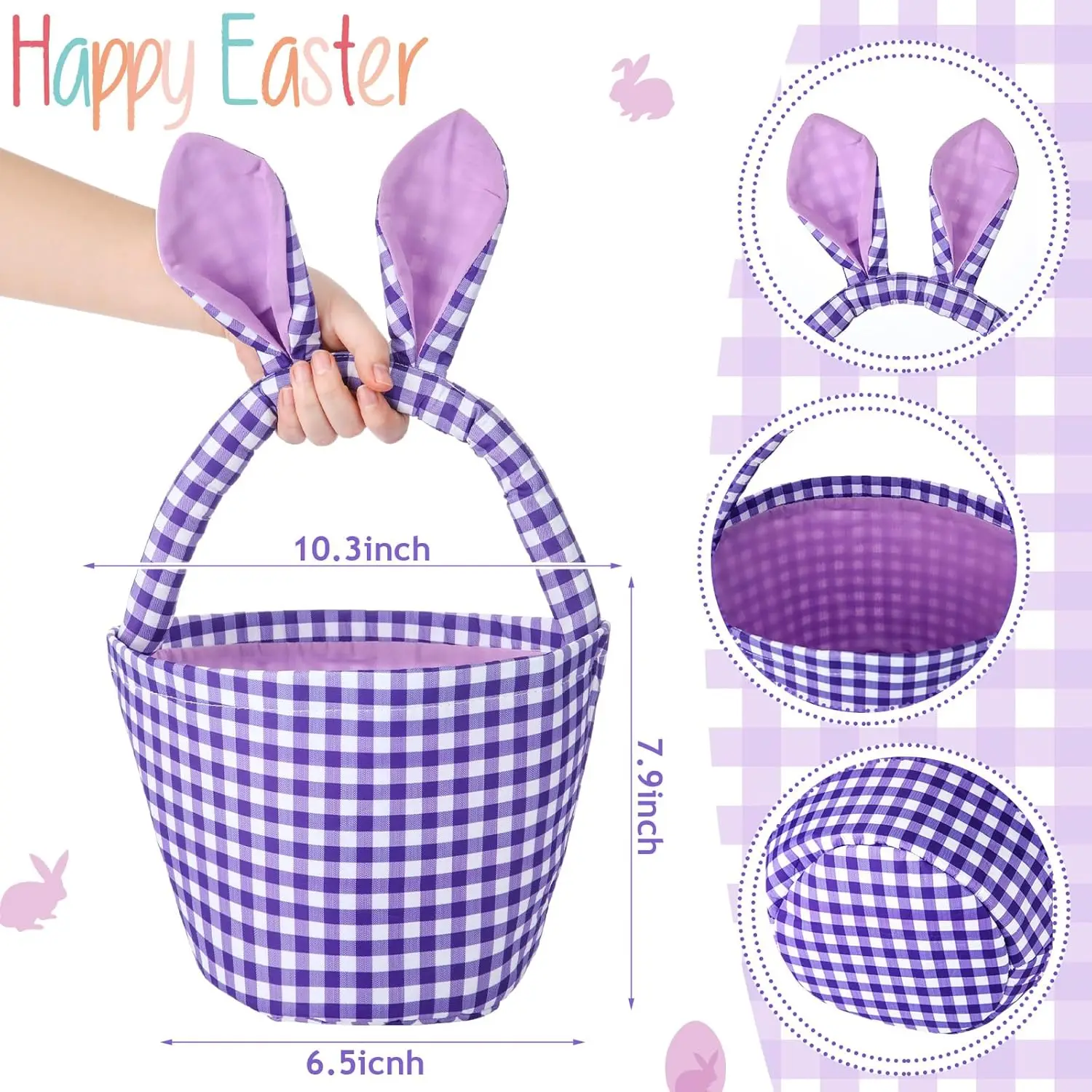 3Pcs Easter Bunny Basket Set with Rabbit Ears, Yellow, Purple, Pink; Canvas; Modern; Ideal Easter Gift for Kids festival bag