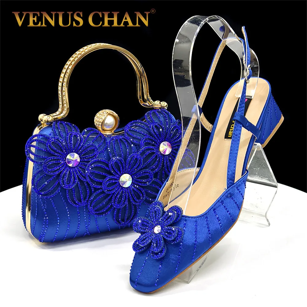 

2026 New Elegant Italian Women's Blue Color Rhinestone Heels with Floral Design & Matching Clutch Bag Set - Perfect for Parties