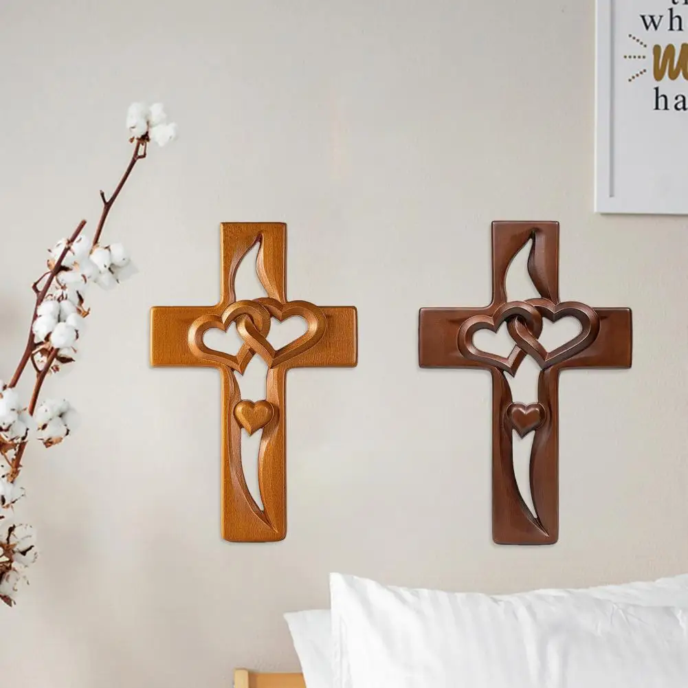 Intertwined Hearts Wooden Cross，Wall Decoration，Handmade，Wooden Double Hollow Love Heart Faith Prayer Cross，Home Wall Ornament