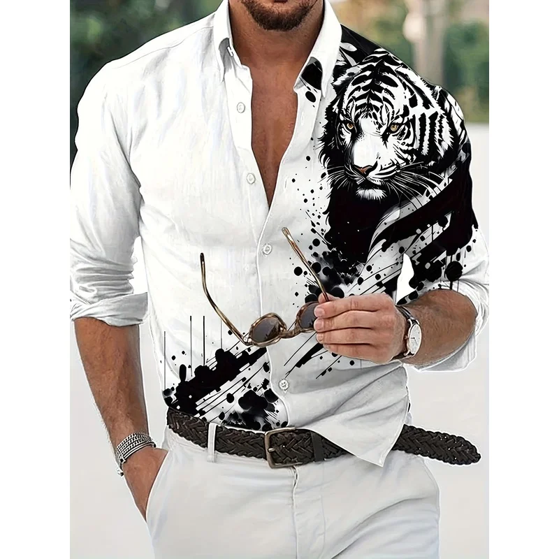 Men's Fashion Tiger Print 3D Digital Print Shirt Long Sleeve Button Down Turn Down Collar Men's Top