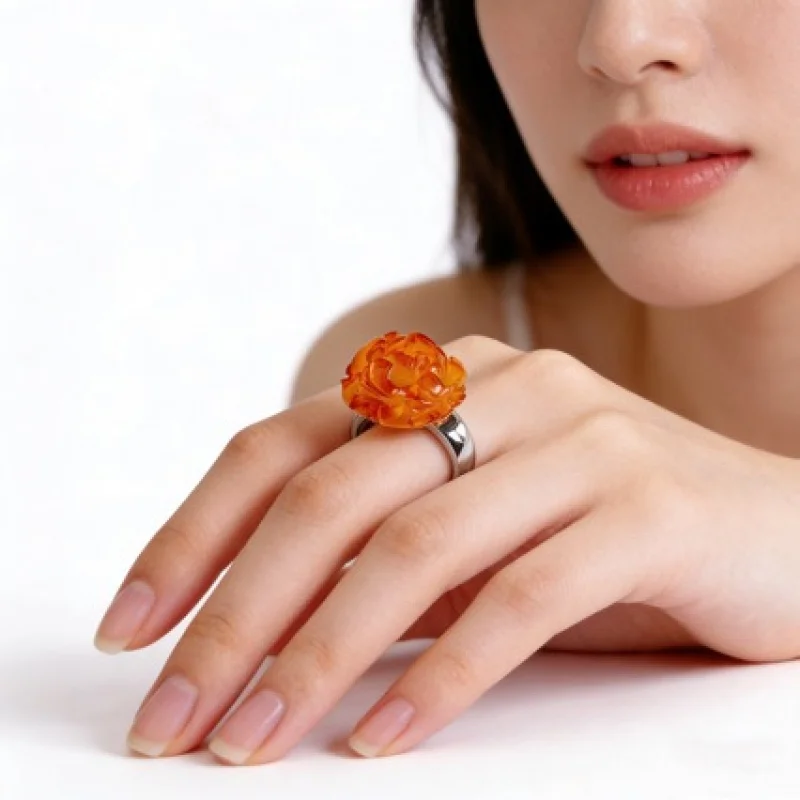 16x18mm Natural Amber Peony Flower S925 Silver Ring Beautiful Rosy Color