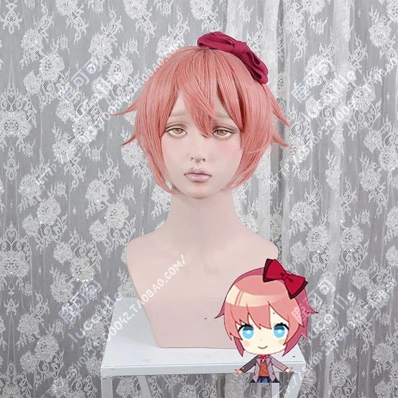 

2025 High Quality DDLC Doki Literature Club Sayori Cosplay Wig Short Pink Heat Resistant Synthetic Hair Anime Wigs + Red Bo