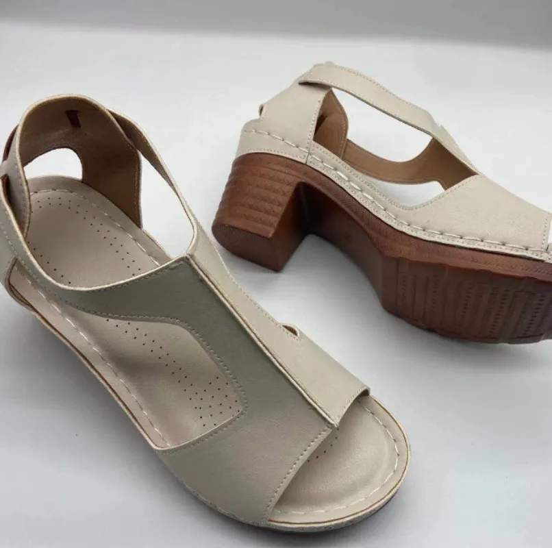 Summer Woman Sandals PU Buckle Strap Round head Shallow Comfy Soft Retro Thick heel Zapatos De Mujer Women Shoes Size 36-43