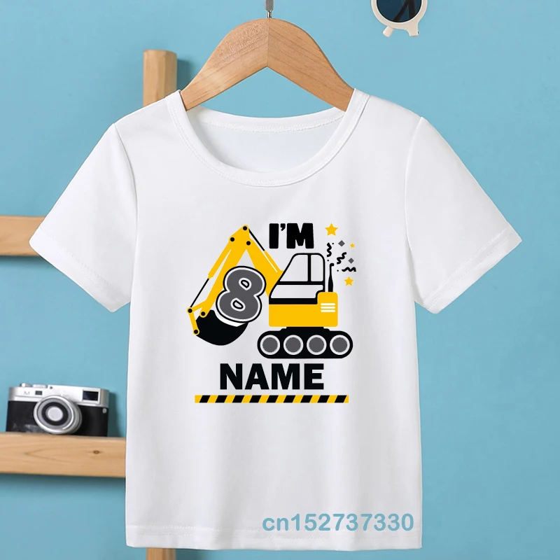 Kids Cartoon Excavator 1-9 Birthday Number Print T Shirt Children Birthday Name T-shirts Boy&Girl Funny Gift Tshirt Present