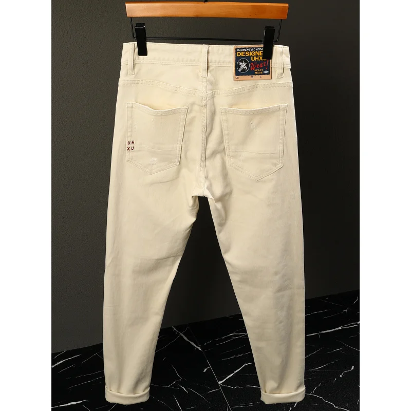 

Высококачественные бежевые мужские брюки, простые рваные модные уличные стили, узкие джинсы в японском стиле