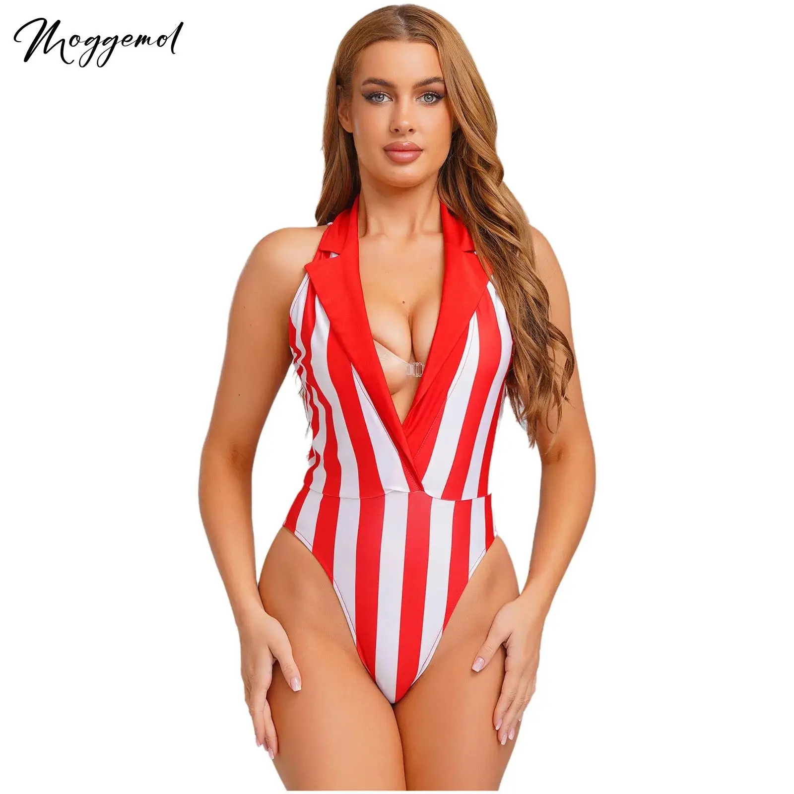 

Womens Striped Bodysuit Tops Notch Lapel Deep V Neck Sleeveless Sexy Lingerie Leotard Jumpsuit for Halloween Club Raves Dance