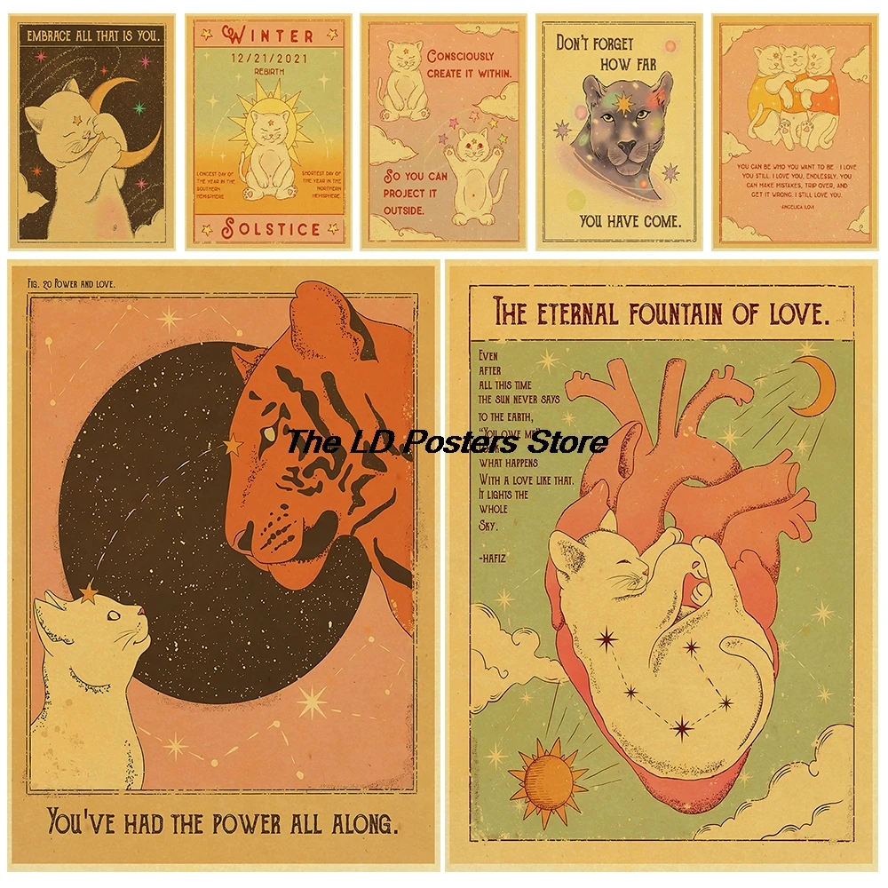 Tarot Constellation Cat Poster Kraft Paper Print Laptop Luggage Skateboard Minimalist Coffee Living Room Office Canvas Posters