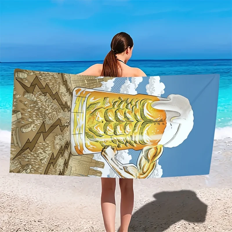 1pcs Muscle beer mug design polyester microfiber beach towel is highly absorbent, suitable for swimming and beach outings