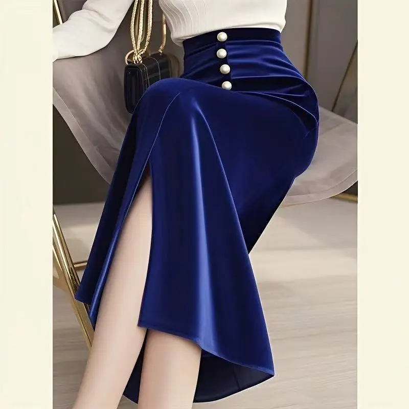 

New Elegant Office Lady Velvet Skirt Women Fashion Split High Waist Buttons Slim Wrapped Hip Party Skirts Spring Autumn Clothing