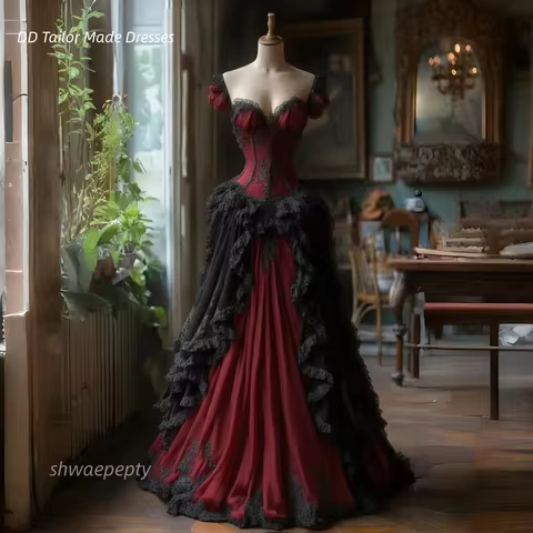 Historical Victorian Prom Dress Black And Burgundy Gothic Evening Gowns Lace Appliques Corset Masquerade Costume Customized