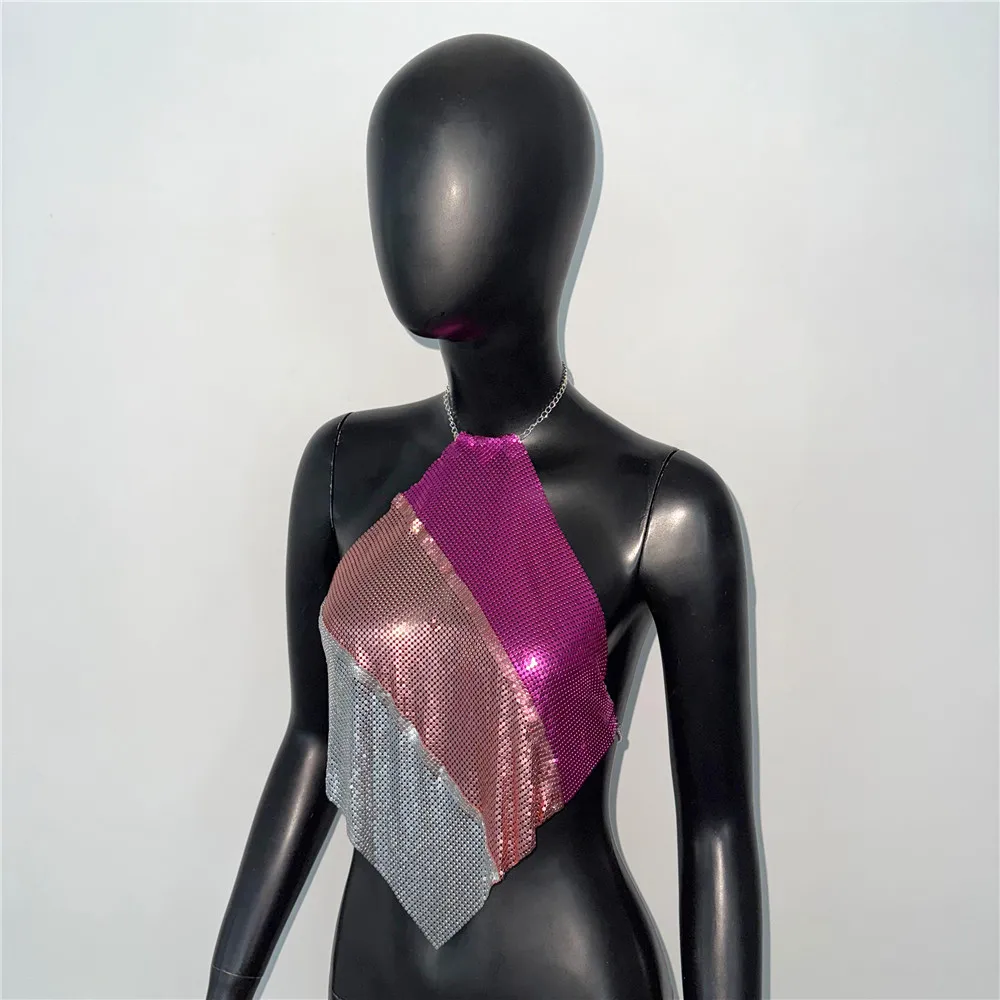 Women Sexy Metal Sequined Tank Camis Summer Backless Glitter Beach Club Show Wear Tank Top Nightclub Party Chain Top