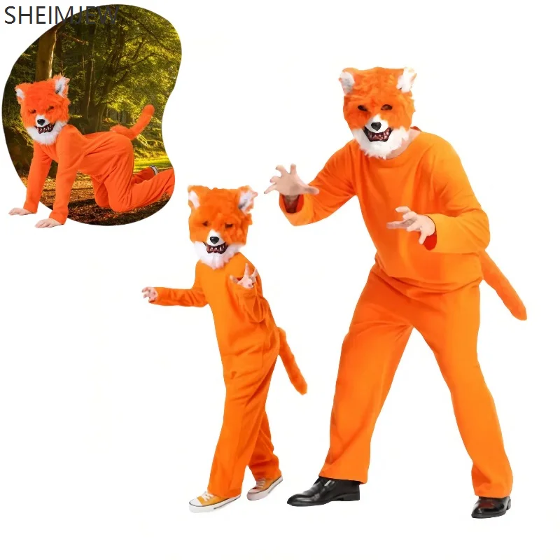 

Children's Adult Animal Role Play Costume Orange Plush Fox Bodysuit Mask Tail Cute Halloween Carnival Party Performance Jumpsuit
