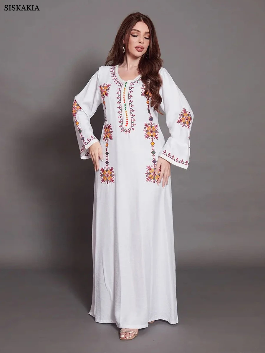 Siskakia-vestido árabe solto para mulheres, cor sólida, bordados, manga comprida, dubai, marroquino, estilo muçulmano, para o ramadã, muçulmano, 2023