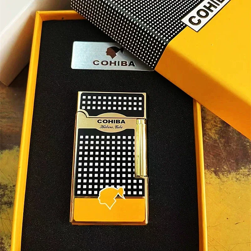 COHIBA Lighter Windproof Metal Grinding Wheel Firestone Jet with Cigar Stamping Portable Lighter Cigar Accessories Gift Box