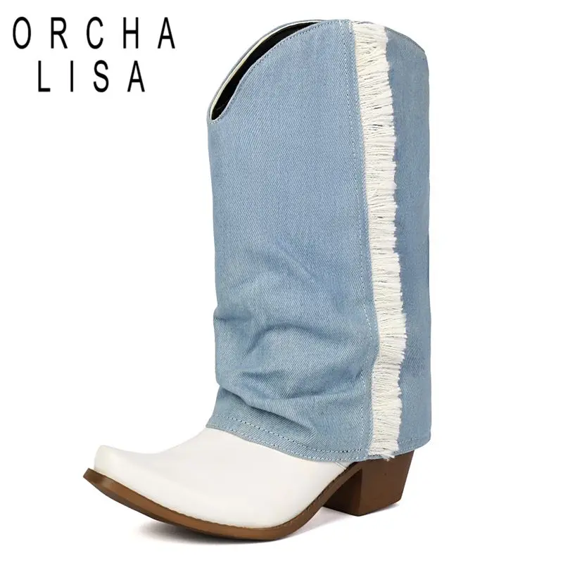 

ORCHA LISA 2025 Leisure Women Western Boots Square Toe Block Heels 6.5cm Mixed Color Slip On Plus Size 42 43 Daily Mid Calf Bota