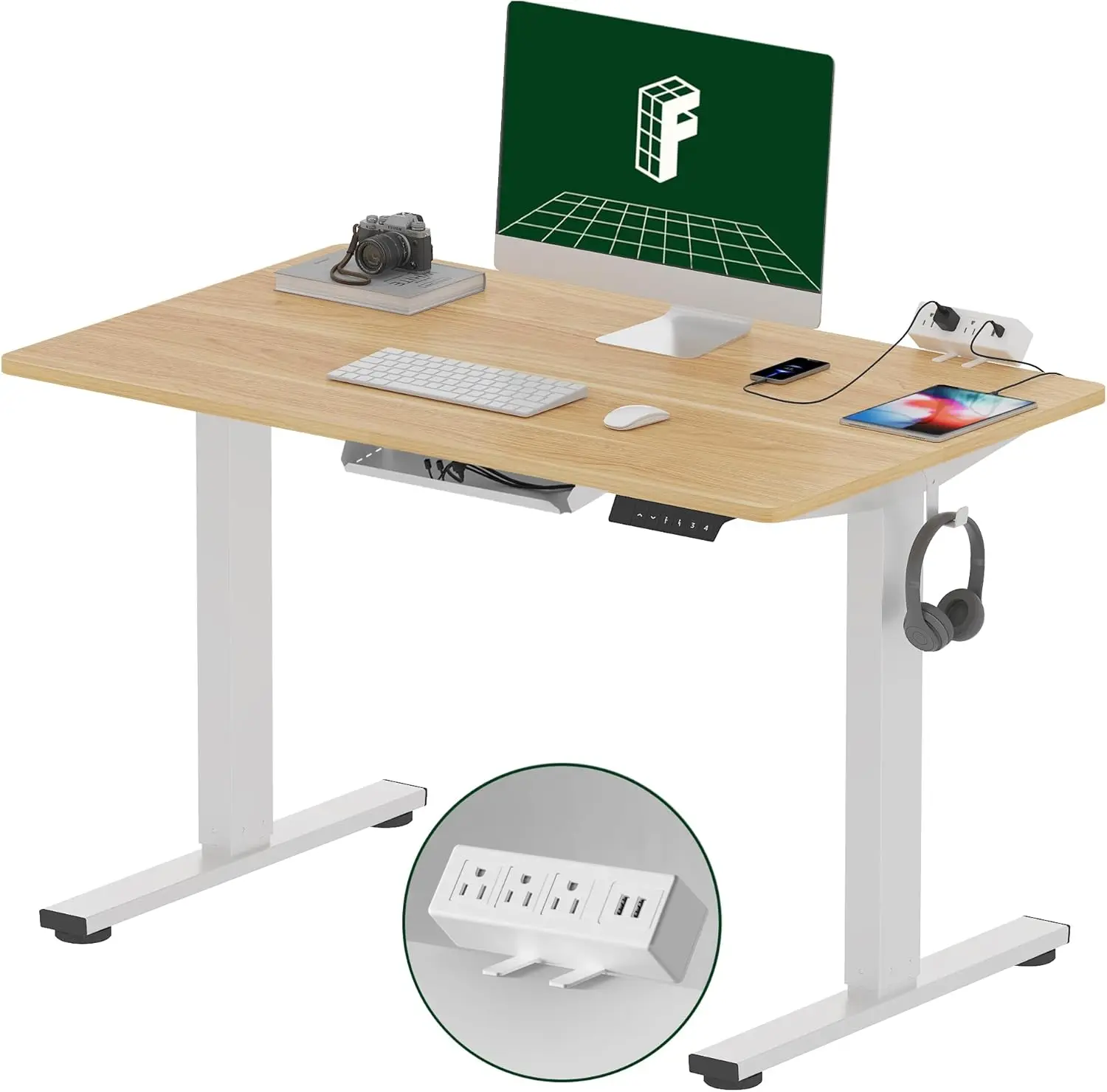 

Vertical office desk with clip on power board, 40 x 24 electric vertical height adjustable desk (white frame+40 "maple tabletop)