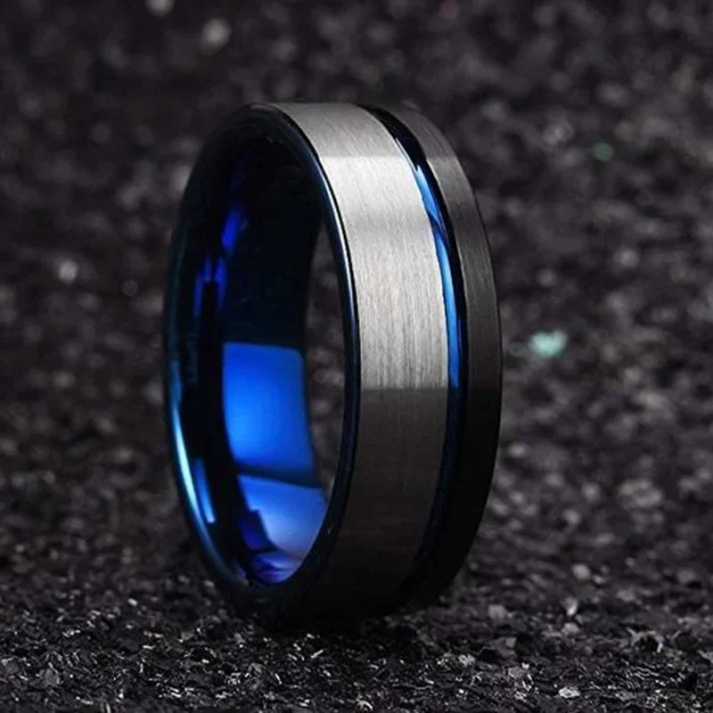 Trendy 8mm Tricolor Tungsten Wedding Rings for Men Blue Groove Beveled Edge Black Matte Finish Promise Ring Free shipping