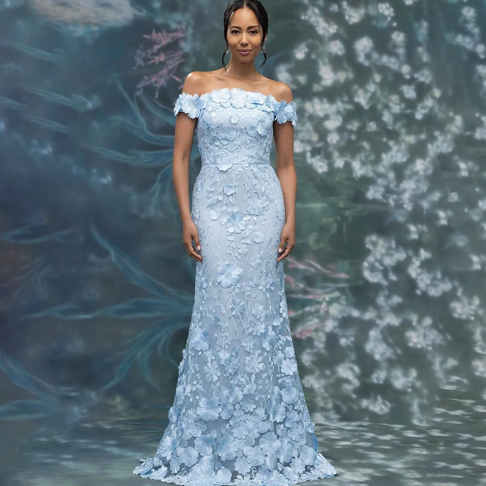 

Sky Blue Mother of the Bride Dress Off The Shoulder 3D Flower Appliques Mermaid Formal Evening Gown for Wedding Customized