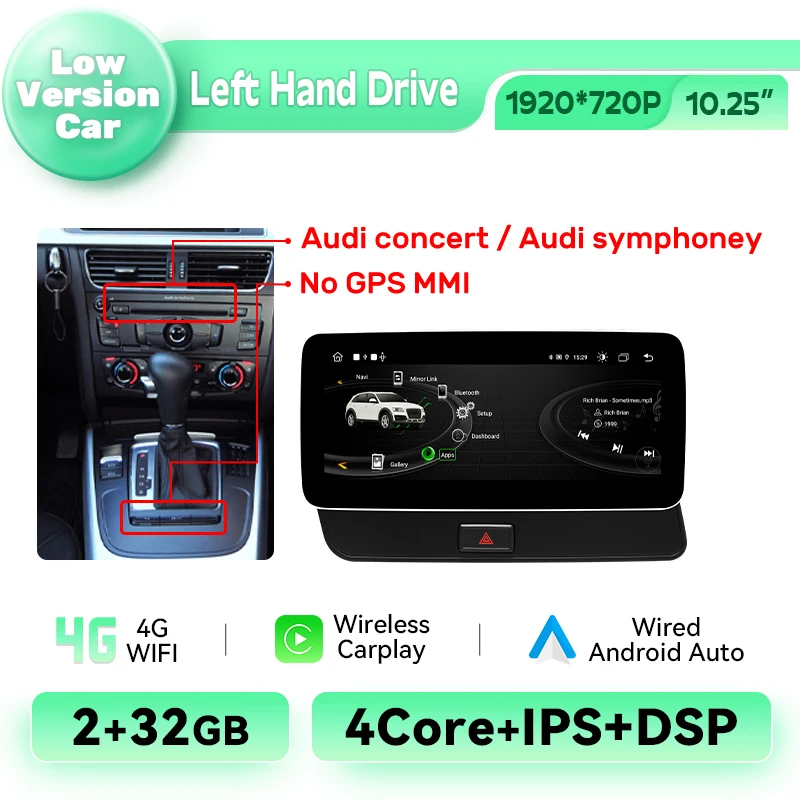 Android 14 Draadloze Carplay Autoradio voor Audi Q5 2009-2016 BT 8GB+128GB GPS 8-Core Navigatie Multimedia 4G WIFI
