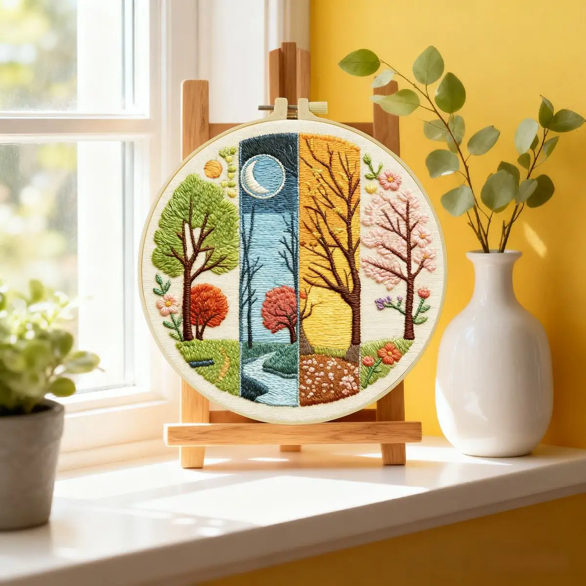 1 Stück 20X20CM/15X15CM 7,87/6,3 Zoll Vier Jahreszeiten Stickerei Starter-Kit DIY-Kit Stickerei-Set für Anfänger – Detail 5