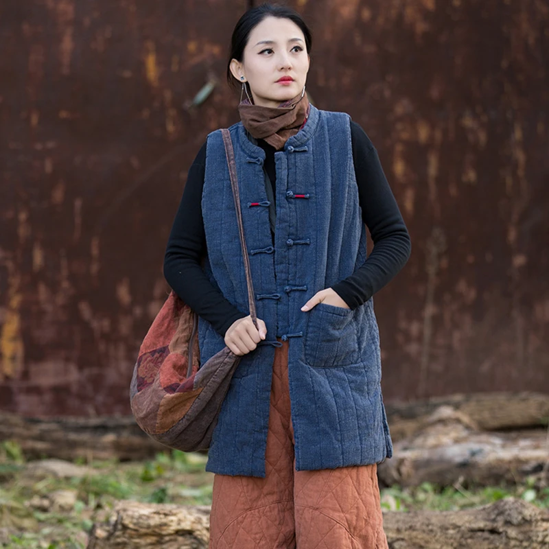 

Женский хлопковый льняной стеганый жилет, куртки, Новое поступление, зима 2025 года, винтажный стиль, однотонные женские толстые теплые повседневные пальто M2092