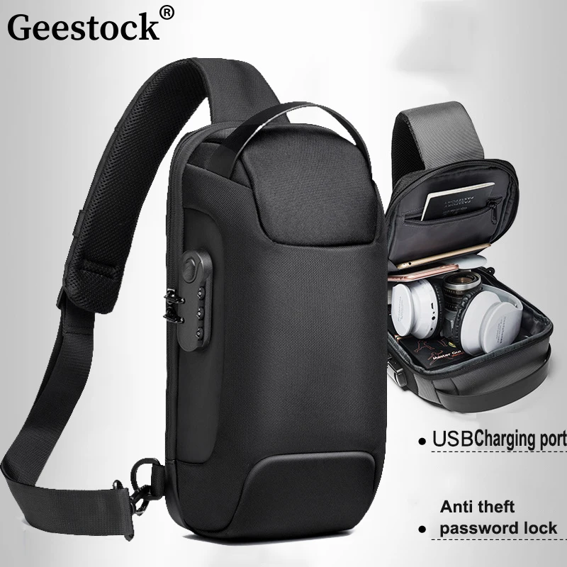 Bolsa Crossbody masculina de gado com porta de carregamento USB, Bolsa de Ombro Anti-Roubo, Sling Oxford impermeável, Bolsa Peito Multifuncional