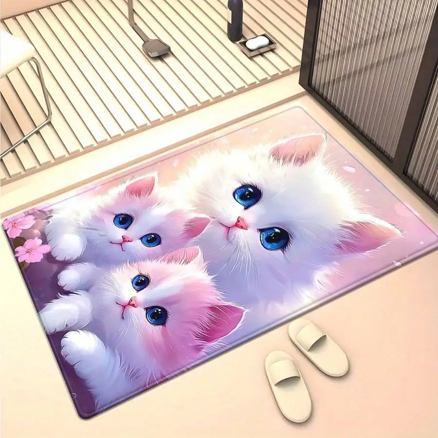Cute Cat And Pink Flowers Print Area Rug Non-Slip Rubber Bottom Washable Home Decor Mat