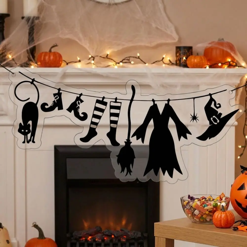 Acrylic Halloween Witch Hat Wall Art Black Cat Spider Spooky Witch Cloak Hat Party Bunting Minimal Witch Broom