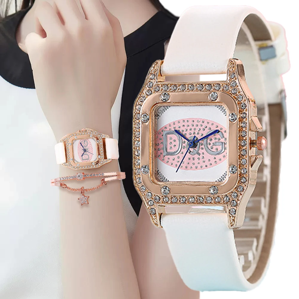 

Luxury Ladies Brand Watches Fashion Square With Diamonds Pink Women Quartz Watch Casual Leather Lady Dresses Clock Wristwatches