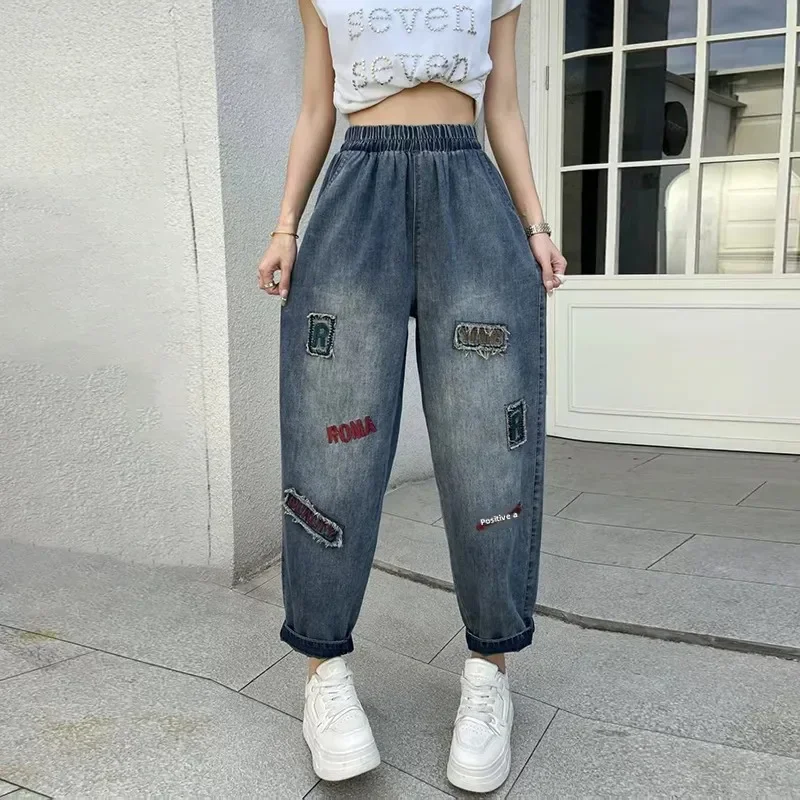 

Pop Retro Embroidered Denim Jeans Women Loose Slim Harlan Pants High Waist Straight Leg Spring Autumn New Style Artistic Flair