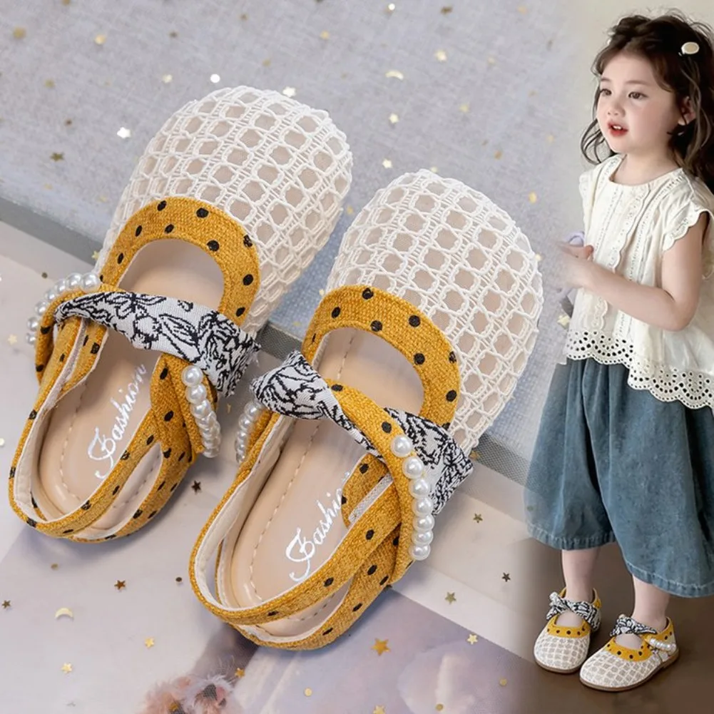 Summer Girl's Princess Shoes Pearl Mesh Polka Dot Chic Kid's Hollowed Design Sandals Anti-slip Daily Versatile Children Shoes