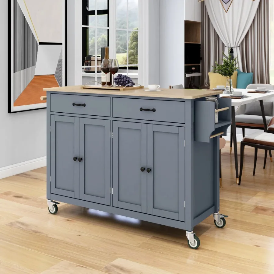 Solid Wood Top Kitchen Island Cart 54.3 Inch Wide 4 Door Cabinet 2 Drawers Grey Blue