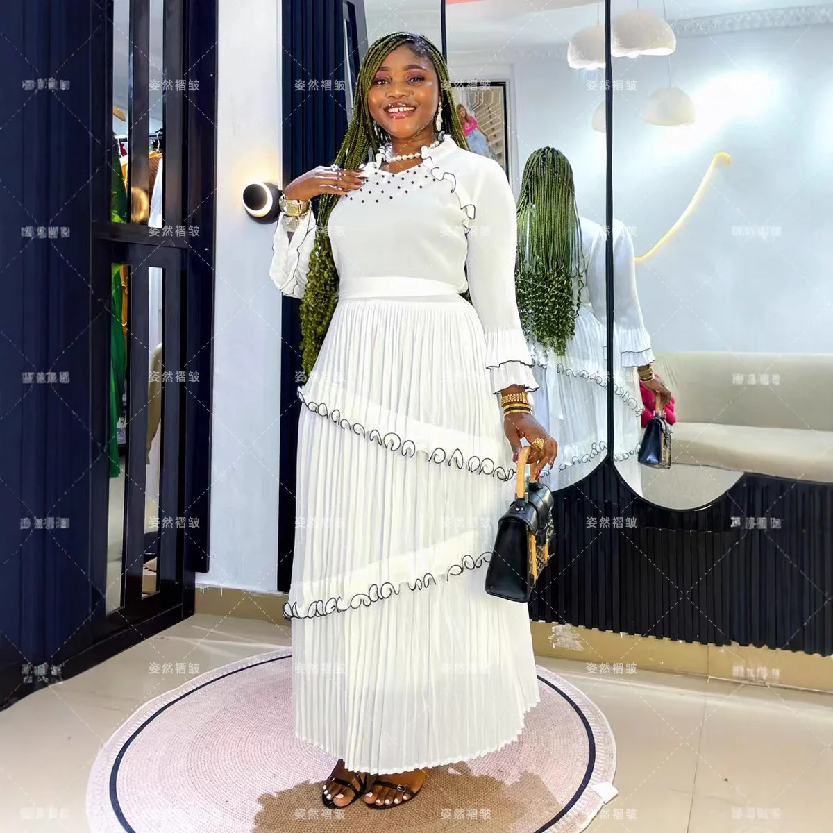 Afircan Women Dresses Spliced Party Dress Ankle Length Vestidos Pleated Folds 2026 Slight Strech Africa O Neck Long Sleeve