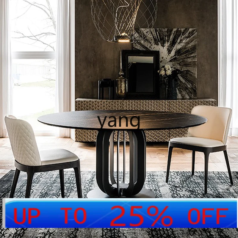 LH minimalist rock slab round table with turntable, household Nordic light luxury marble dining table