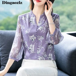 2024 Spring Summer Blouse Fashion New 3/4 Sleeve Floral Printed Chiffon Shirt Casual Women Tops