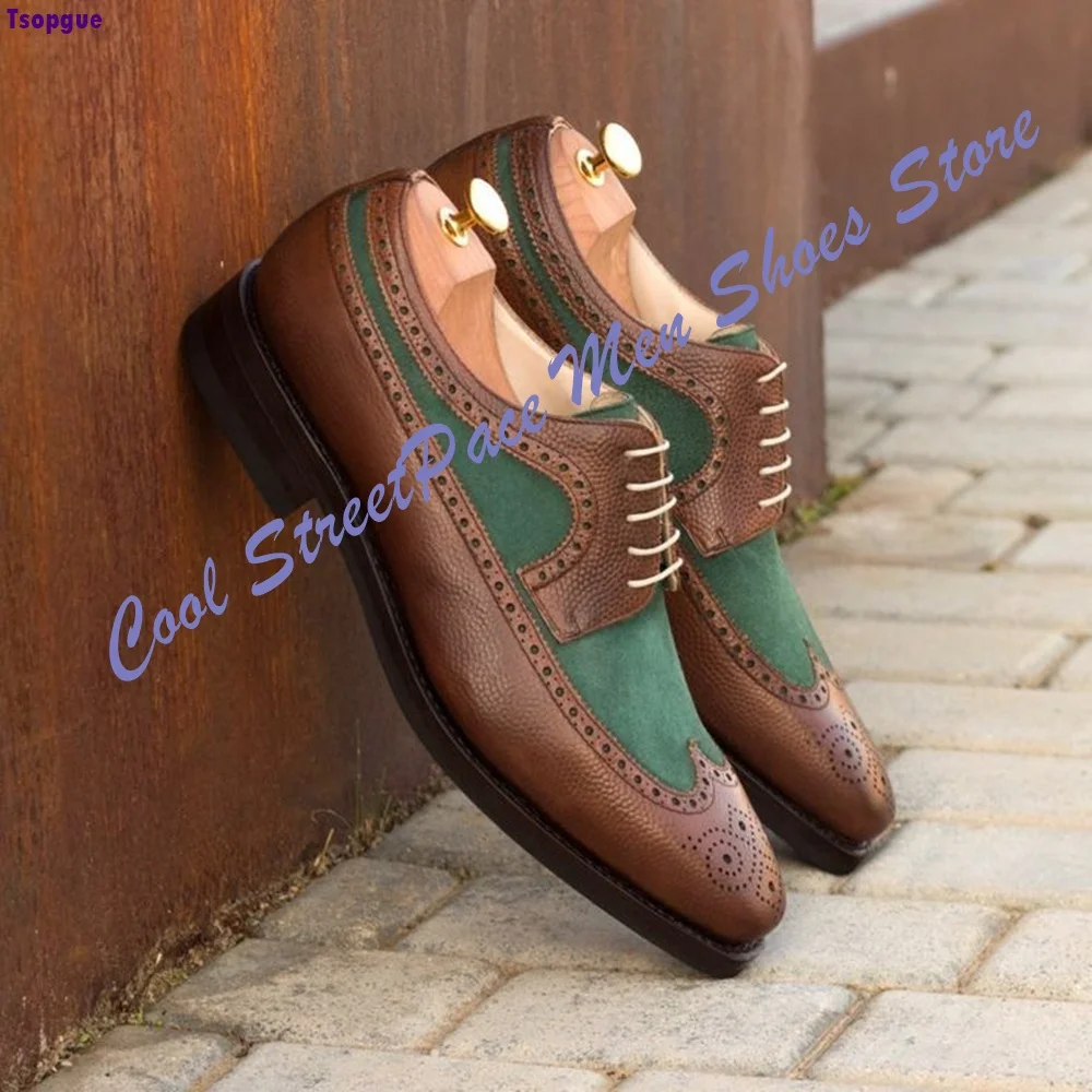 Oxford Shoes Men Brown Grain Leather Green Suede Spliced Lace Up Contrast Color Vintage Business Wedding Formal Dress Shoes