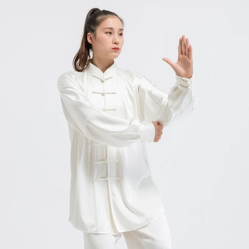 Worm Silk Unisex Tai Chi Uniform Traditional Chinese Clothing Martial Arts Uniform Mulberry Silk Fabric White  Free Shipping