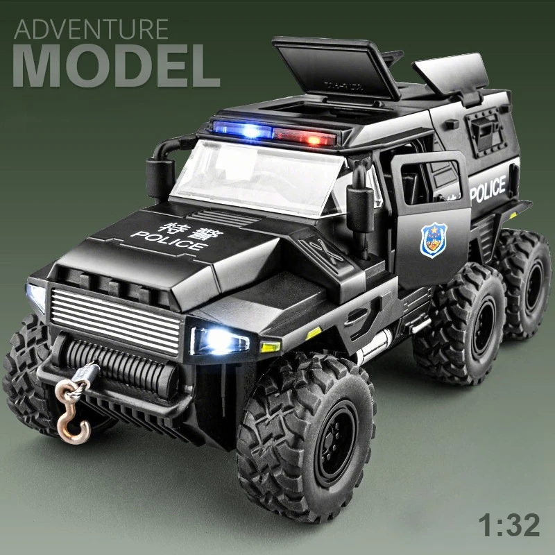 

1:32 Conqueror Armored Police Car 6X6 Simulated Off-road Vehicle Model Alloy Diecast Car Toy Sound Light Series Children's Gift